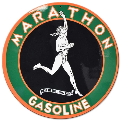 Marathon Green Gasoline round metal sign 14 inches with white running athlete, green and orange border and Best in the Long Run slogan