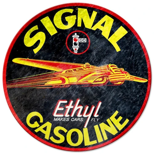 Vintage Signal Gasoline 14-inch round metal sign with red and yellow airplane, black background and Ethyl Makes Cars Fly slogan
