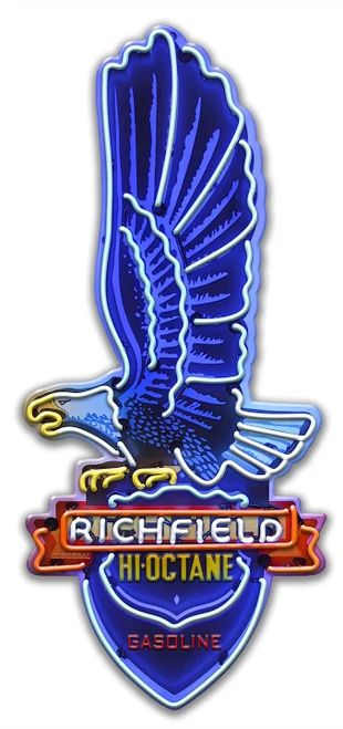 Richfield Gasoline eagle cut-out metal sign with blue spread-wing eagle, red Richfield banner and pointed Hi-Octane Gasoline shield