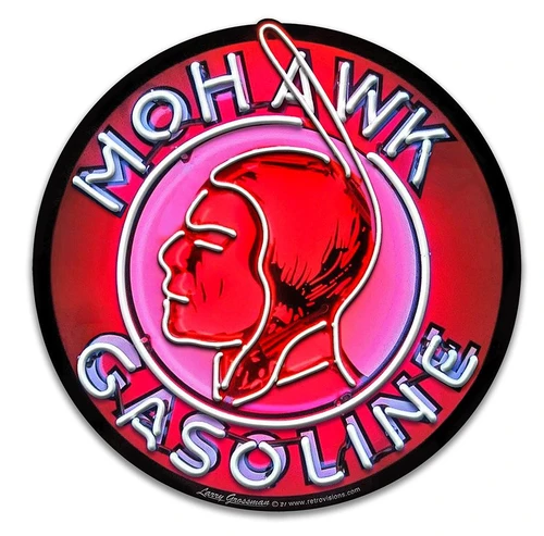 Mohawk Gasoline neon-style round metal sign 28 inches with red Native American profile, pink circle and white blue neon-effect lettering
