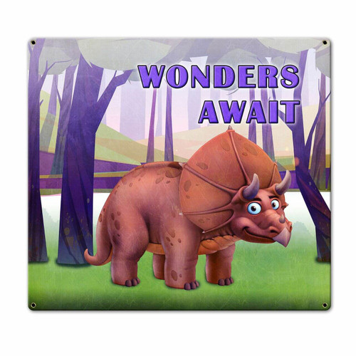 Wonders Await Dinosaur Metal Sign 20 x 18 Inches