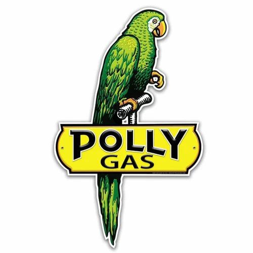 Vintage Polly Gas parrot cut-out metal sign 17 x 28 inches featuring green parrot perched above yellow Polly Gas nameplate