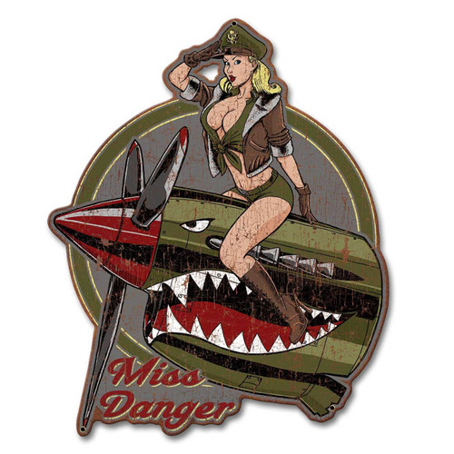 Miss Danger Pinup Girl CUT-OUT Metal Sign 13 x 16 Inches