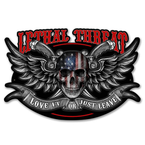Lethal Threat Love It or Just Leave metal sign 20 x 14 inches with American flag skull, large silver feathered wings, red lettering and gray ribbon