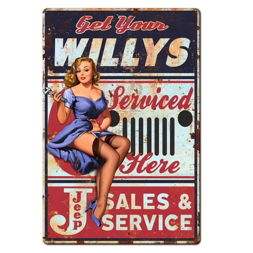 Willys Jeep Sales and Service pin-up girl metal sign 24 x 36 inches with blonde woman in blue dress holding wrench and vintage Jeep grille