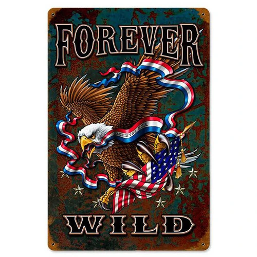 Forever Wild bald eagle metal sign 12 x 18 inches showing flying brown eagle, red white and blue American flag ribbons, gold stars and distressed turquoise background