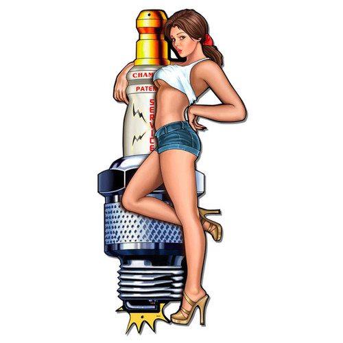 Spark Plug Pinup Girl Metal Sign 16 x 34 Inches