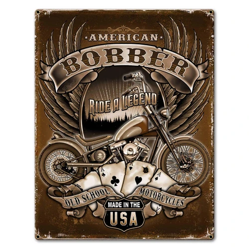American Bobber motorcycle metal sign 18 x 24 inches showing vintage V-twin bobber, feathered wings, four aces, Ride a Legend and Old School Motorcycles wording