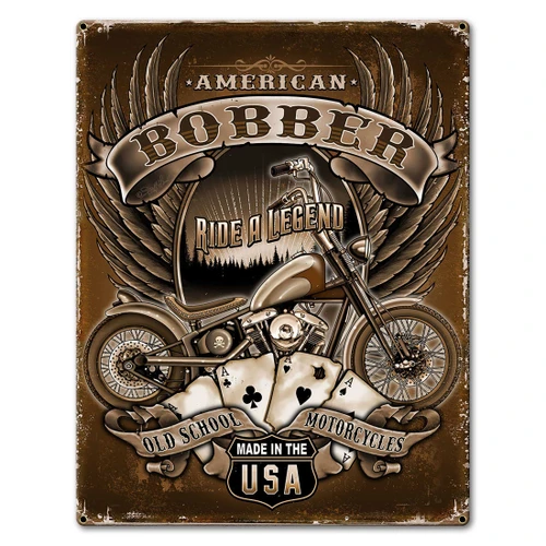 American Bobber motorcycle metal sign 23 x 30 inches featuring vintage V-twin bobber, feathered wings, playing cards, Ride a Legend and Old School Motorcycles lettering