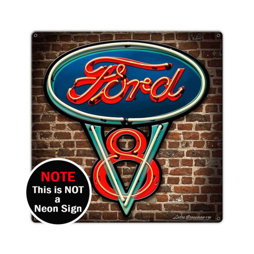 Ford V-8 Neon Style Metal Sign 16 x 16 Inches