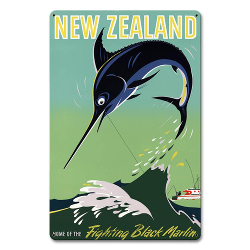 New Zealand Fighting Black Marlin Metal Sign 12 x 18 Inches