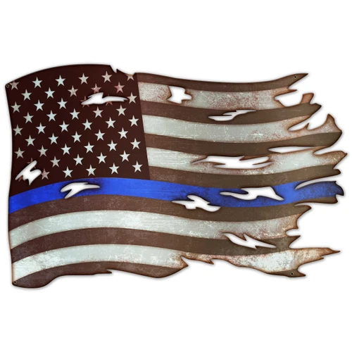 Extra-large Thin Blue Line tattered American flag cut-out metal sign 42 x 28 inches with distressed black-and-white stripes and one bright blue line