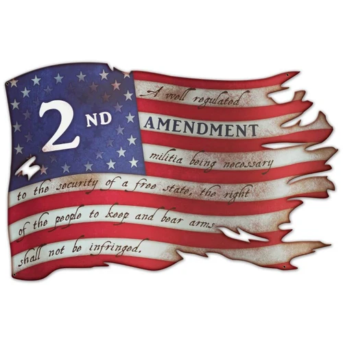42x28 Second Amendment tattered American flag cut-out metal sign with 2ND AMENDMENT lettering, handwritten constitutional text and distressed stars and stripes