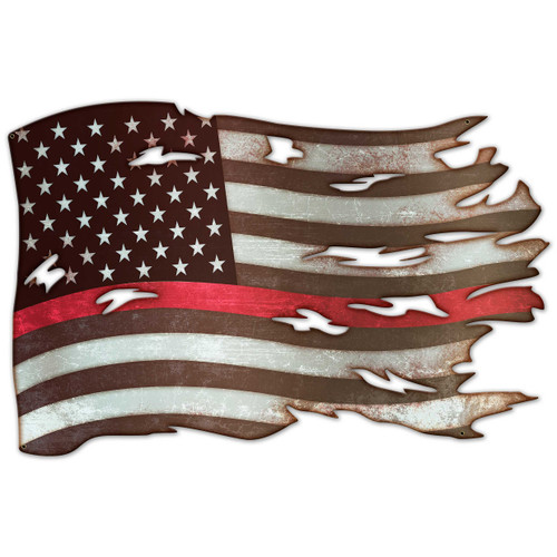 Thin Red Line tattered American flag cut-out metal sign 42 x 28 inches with distressed black and white stripes, red line and jagged flag-shaped edges