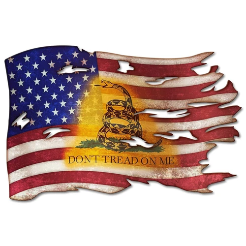 Don't Tread On Me Tattered American Flag Cut-Out Metal Sign 24x16 with a black coiled rattlesnake on a golden background, distressed stripes and cut-through holes
