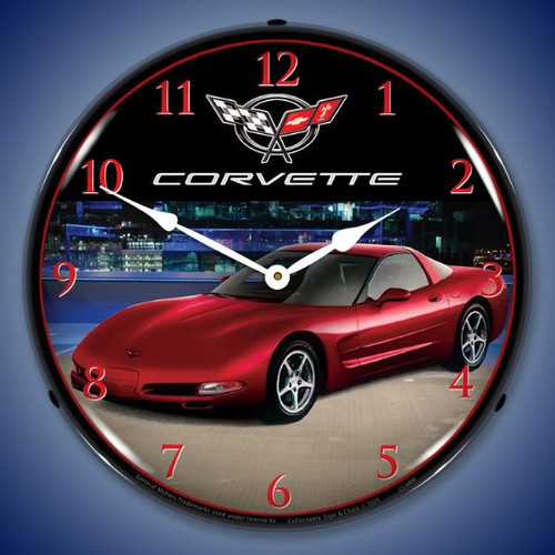 C5 Corvette Magnetic Red Metallic LED Lighted Wall Clock 14 x 14 Inches