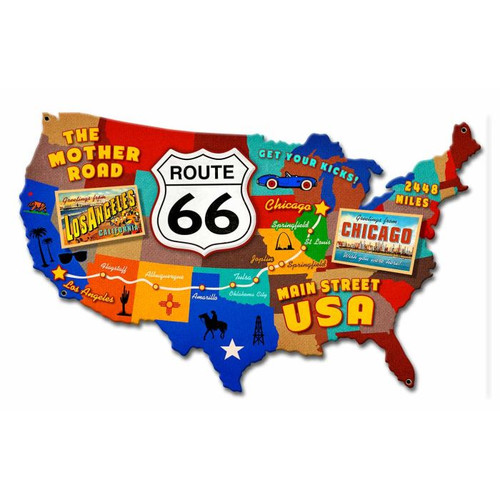 Route 66 USA Map Metal Sign 18  x 12 Inches