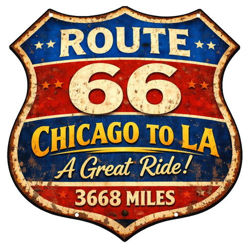 Route 66 - Chicago to LA Cut-Out Metal Sign 16 x 16 Inches