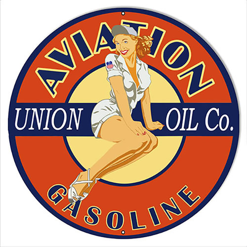 Aviation Pin Up Girl Motor Oil Reproduction Round Metal Sign 14 x 14 Inches