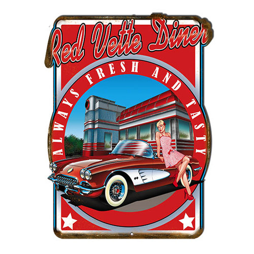 Corvette Red Vette Diner Pin Up Girl Cut-Out Metal Sign 12 x 15 Inches