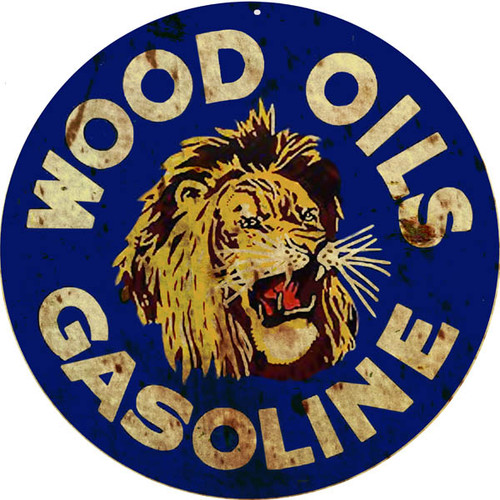 Wood Oils Gasoline Reproduction Garage Shop Round Metal Sign 14 x 14 Inches