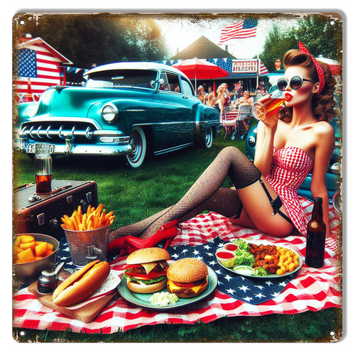 Pin Up Girl Picnic  Metal Sign 12 x 12 Inches