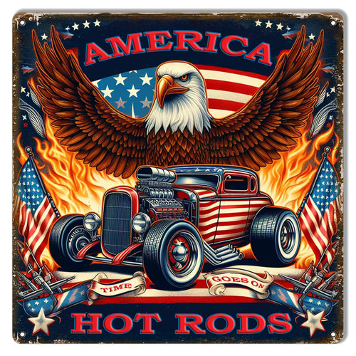 America Hot Rod Metal Sign 12 x 12 Inches