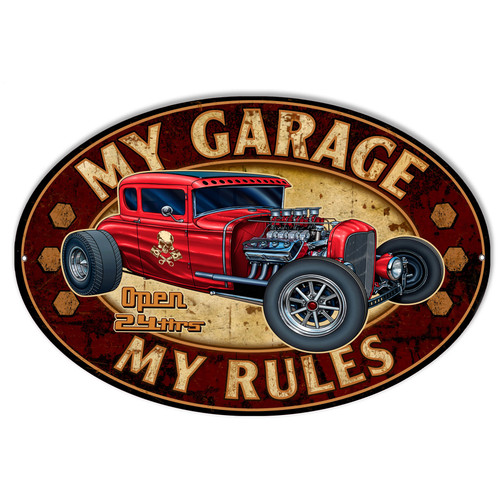 Hot Rod Garage Art My Garage My Rules Oval metal Sign 18 x 11 Inches