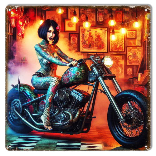 Tattooed Woman on Motorcycle Metal Sign 12 x 12 Inches