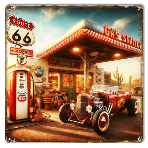 Route 66 Hot Rod Metal Sign 12 x 12 Inches