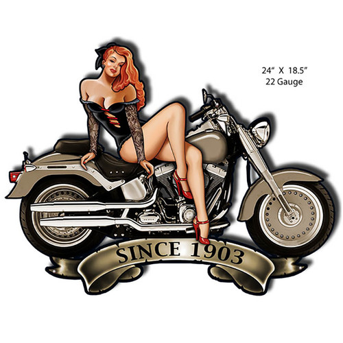 Pin Up Girl Motorcycle Cut-Out Metal Sign 24 x 18.5 Inches