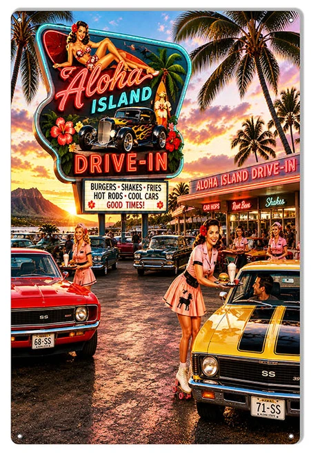 Aloha Island Drive In 12x18 vintage Hawaiian retro diner metal wall sign made in USA