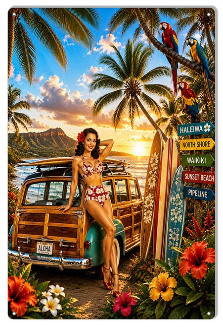 Aloha Pin Up Surfer Girl vintage Hawaiian beach metal sign 12x18 inches made in USA
