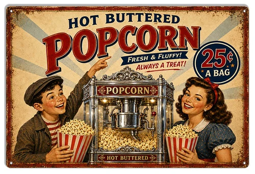 Vintage Hot Buttered Popcorn 12x18 metal sign for retro movie theater concession stand and home cinema wall decor