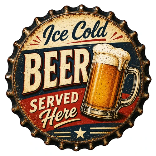 Ice Cold Beer Served Here 16x16 laser cut bottle cap shaped metal sign for vintage pub and home bar wall decor