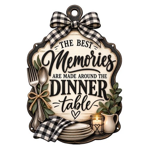 The Best Memories Are Made Around the Dinner Table 16x11 laser cut farmhouse metal sign with buffalo plaid bow, silverware, plates and greenery