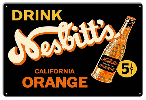 Vintage Drink Nesbitt's California Orange 12x18 metal sign with orange soda bottle, large cream script lettering, black background and yellow 5 cent circle