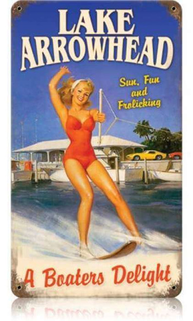 Vintage Lake Arrowhead  - Pin-Up Girl Metal Sign   8 x 14 Inches