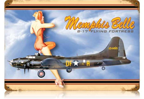 Retro Memphis Belle  - Pin-Up Girl Metal Sign 18 x 12 Inches