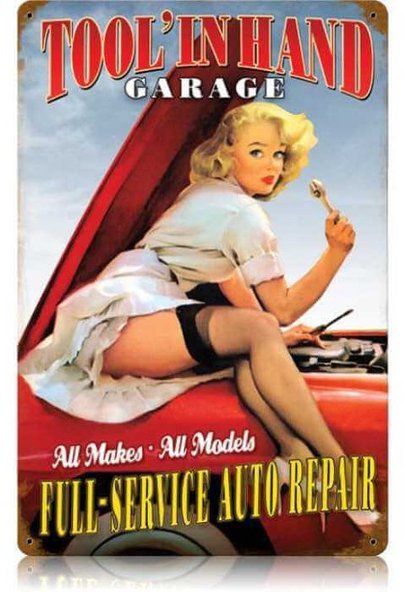 Vintage Tool n Hand  - Pin-Up Girl Metal Sign 12 x 18 Inches