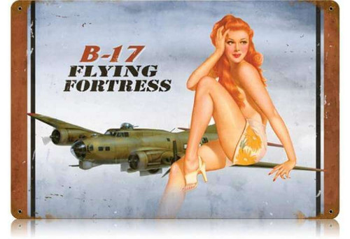 Retro B-17 Redhead  - Pin-Up Girl Metal Sign 18 x 12 Inches