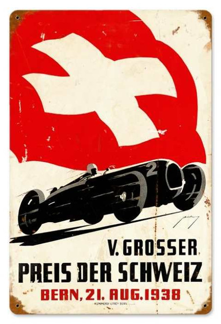 Vintage Swiss Race Car Metal Sign 12 x 18 Inches