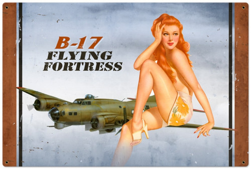 Retro B-17 Redhead  - Pin-Up Girl Metal Sign 36 x 24 Inches