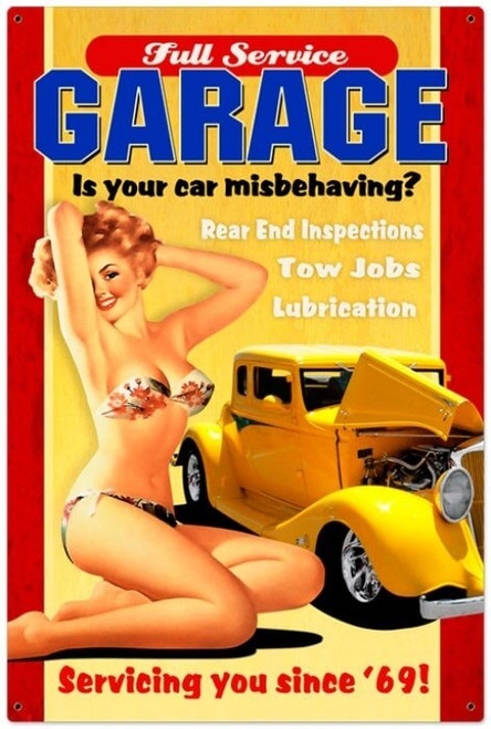 Retro Full Service Garage  - Pin-Up Girl Metal Sign 24 x 36 Inches