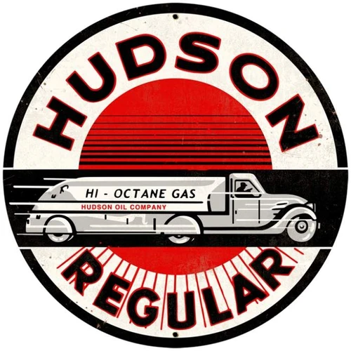 Vintage Hudson Regular 28-inch round metal sign featuring a white gasoline tanker truck, red circular background and black Hudson Regular lettering