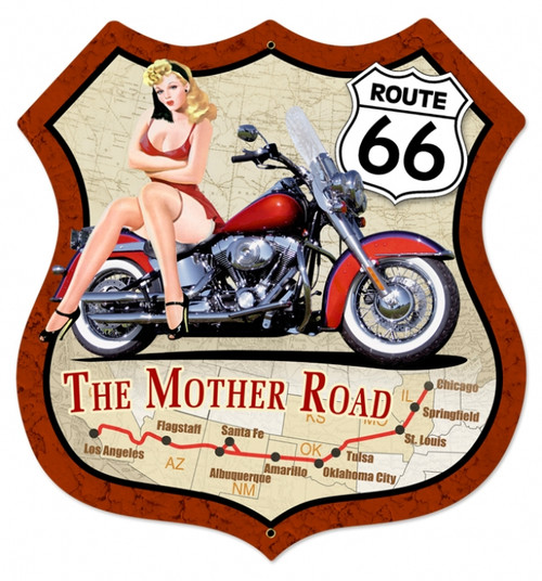 Retro Route 66 Pinup Shield  Metal Sign 28 x 28 Inches