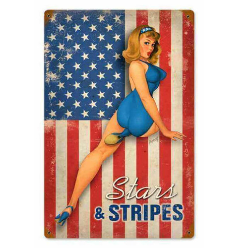 Vintage Stars and Stripes  - Pin-Up Girl Metal Sign 12 x 18 Inches