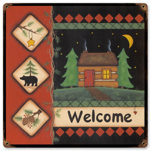 Retro Welcome Cabin Metal Sign 18 x 18 Inches