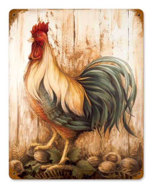 Vintage Rooster Barn wood Metal Sign 11 x 14 Inches