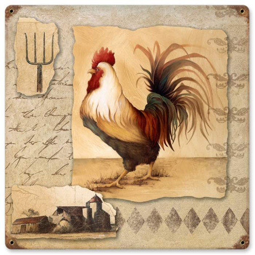 Retro Rooster Pitchfork Metal Sign 18 x 18 Inches